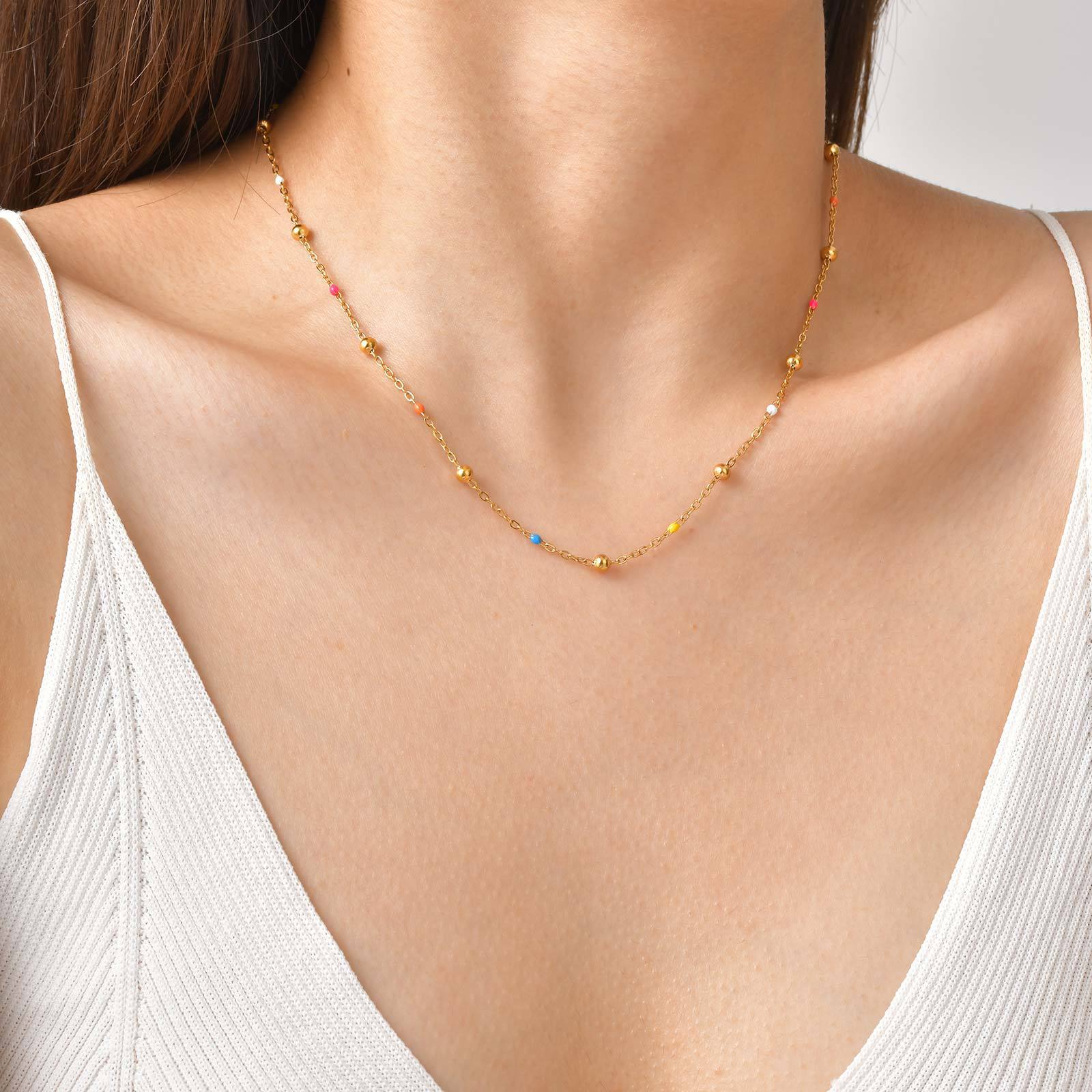 Designer-style Colorful Resin Spacer Bead Chain Round-bead Necklace In Gold