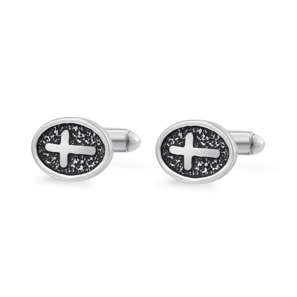 Oval Cross Cufflinks – Silver Stainless Steel