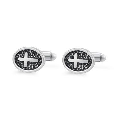 Oval Cross Cufflinks – Silver Stainless Steel