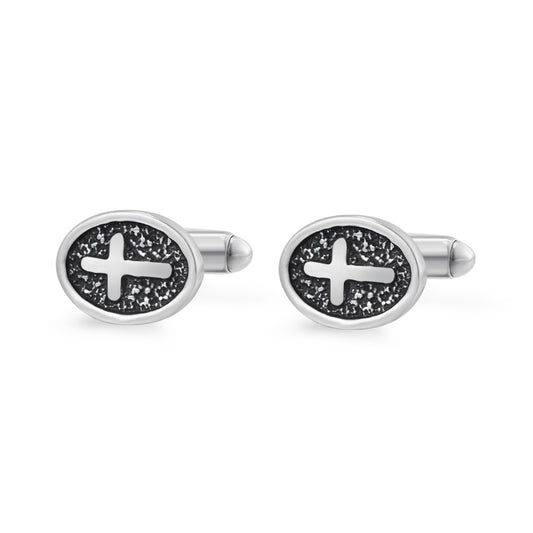 Oval Cross Cufflinks – Silver Stainless Steel