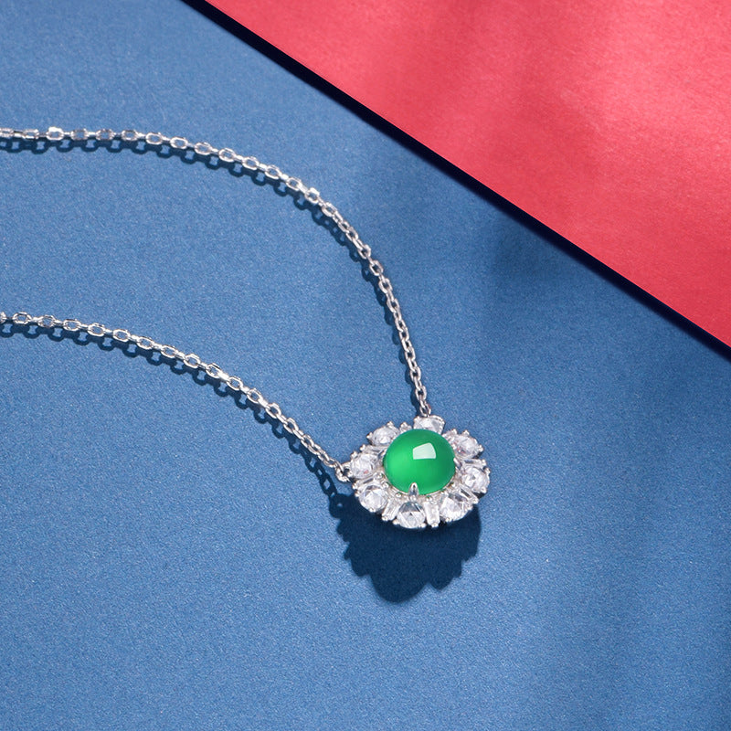 Green Chrysoprase Daisy Pendant Necklace – S925 Platinum Plated – view 3