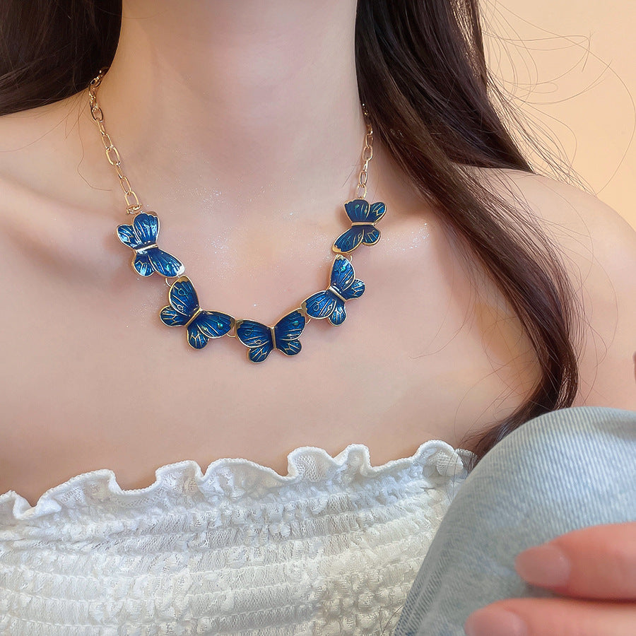 Blue Butterfly Necklace – French Style, Gold Tone – view 2