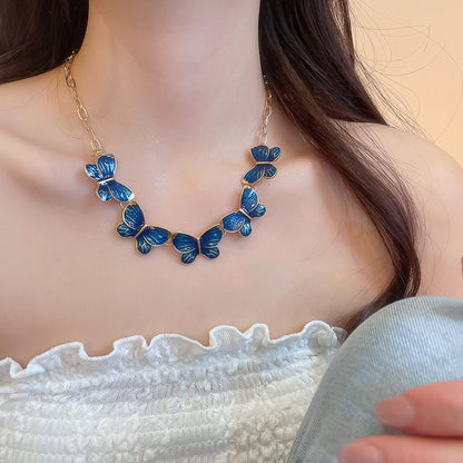 Blue Butterfly Necklace – French Style, Gold Tone – view 2