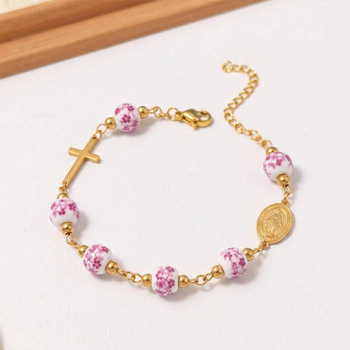 Ceramic Bead Rosary Bracelet – 18K Gold Plated, Virgin Mary Medal – view 5