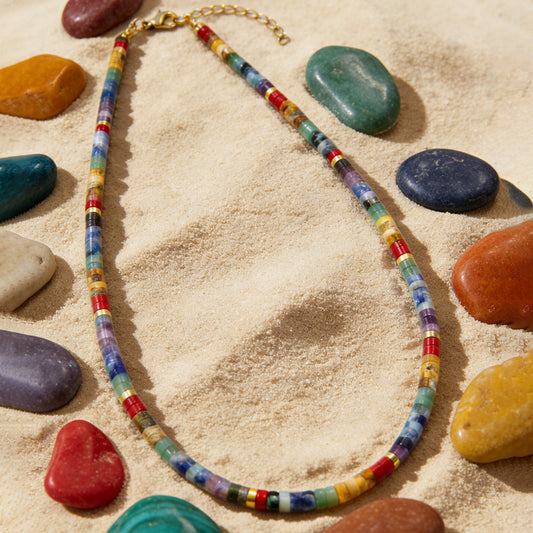 7 Chakra Heishi Bead Choker – Natural Stone, Boho