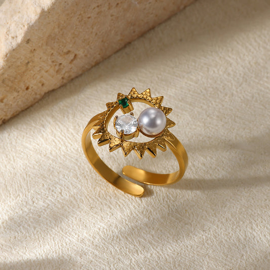 Retro Luxury Geometric Ring Faux Pearl Heart Design Female Accessory