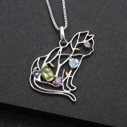 Geometric gemstone pendant necklace with silver-tone chain – view 3