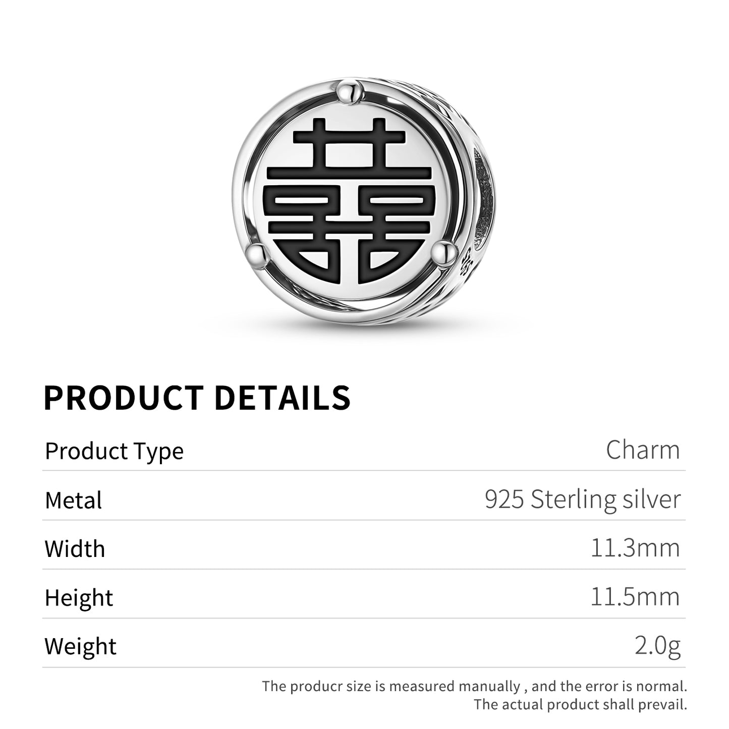 Chinese Shuāngxǐ – Double Happiness Charm – 925 Sterling Silver – view 3