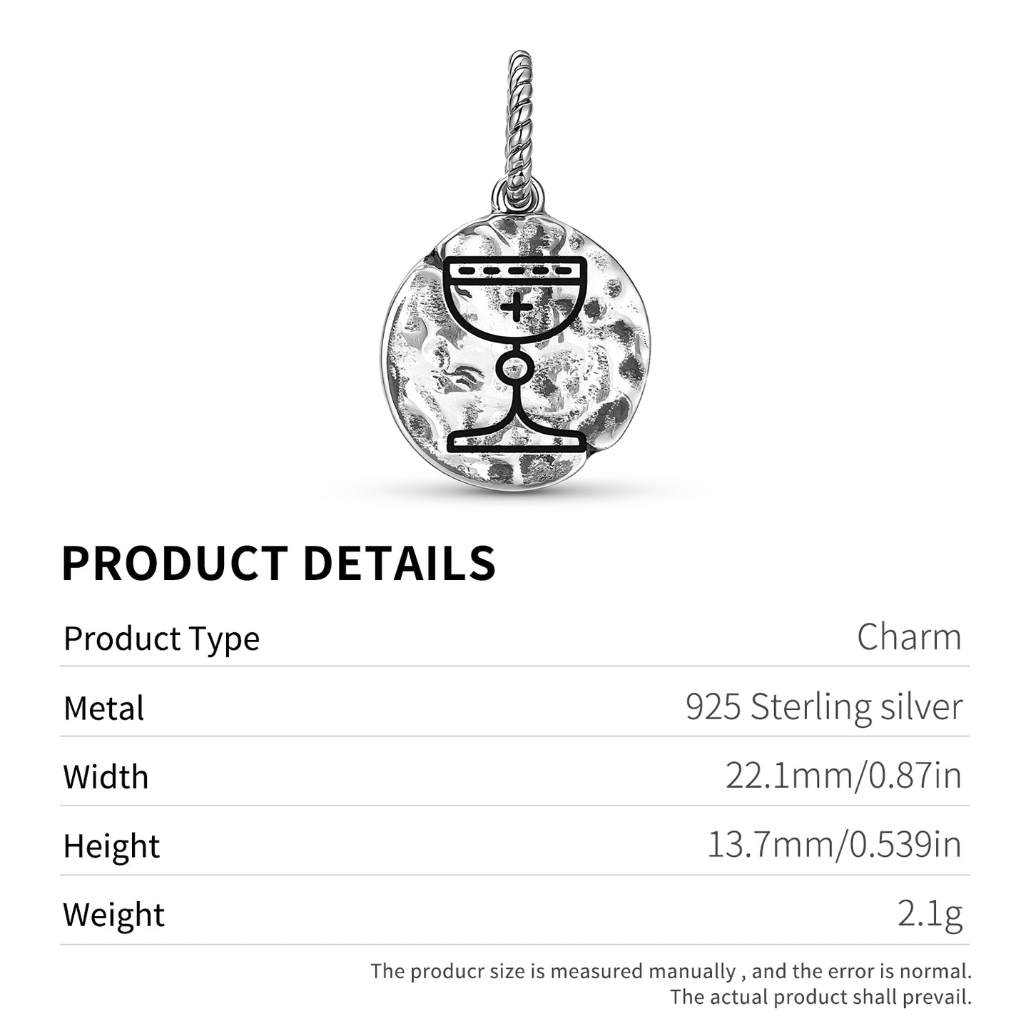 Templar Holy Grail Symbol Dangle Charm – 925 Sterling Silver – view 3