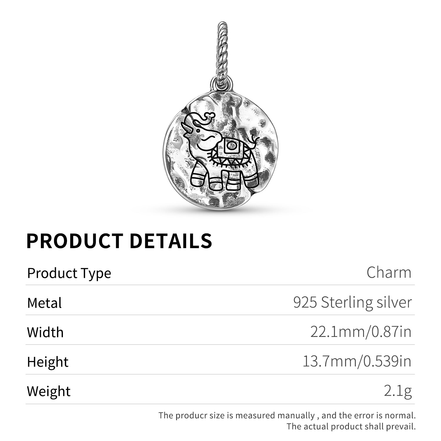The Elephant Symbol Dangle Charm – 925 Sterling Silver – view 3