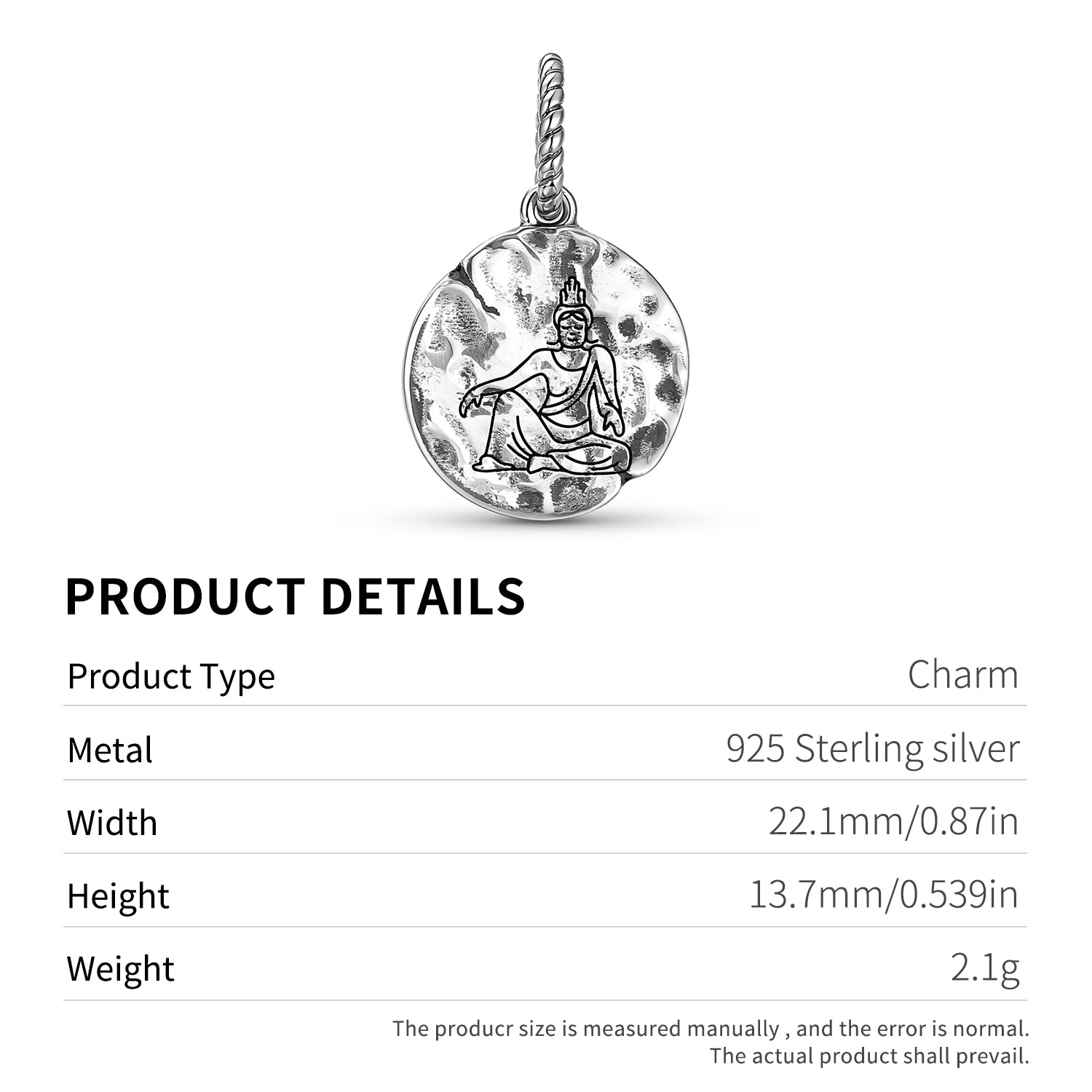 Buddhist Gods Guanyin Symbol Dangle Charm – 925 Sterling Silver – view 3