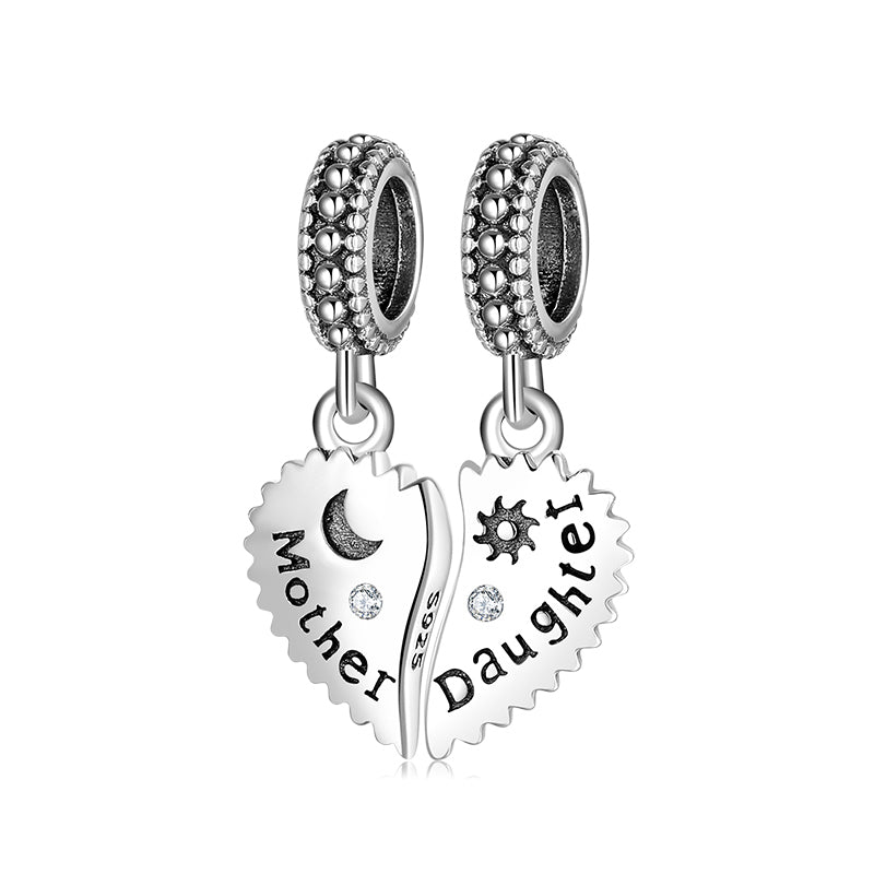 Mother-Daughter Heart Dangle Charm – 925 Sterling Silver