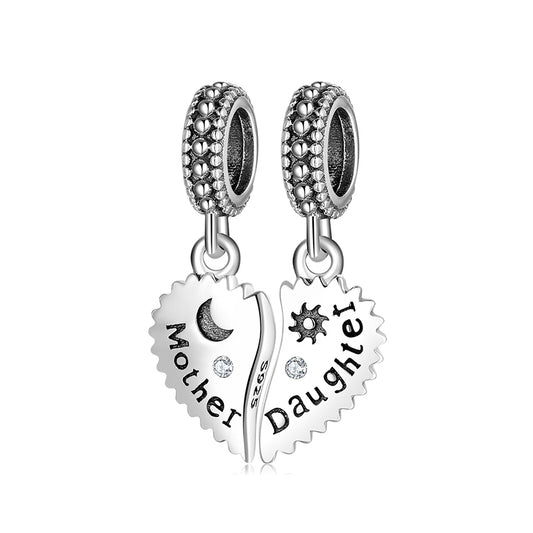 Mother-Daughter Heart Dangle Charm – 925 Sterling Silver