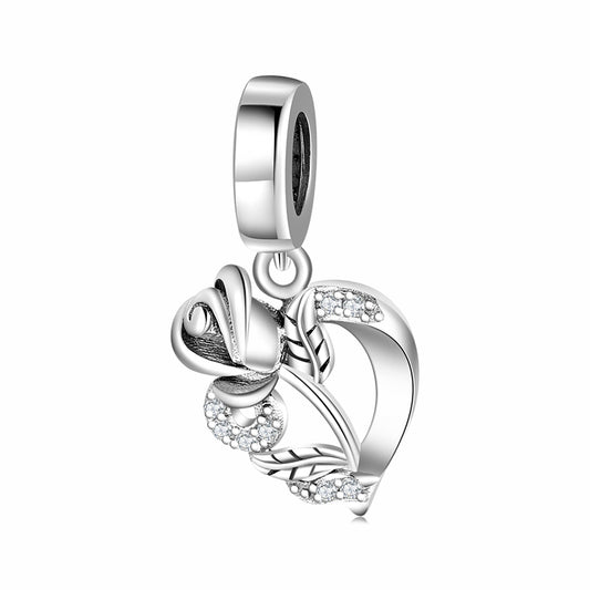 Rose Heart Sparkling Dangle Charm – 925 Sterling Silver