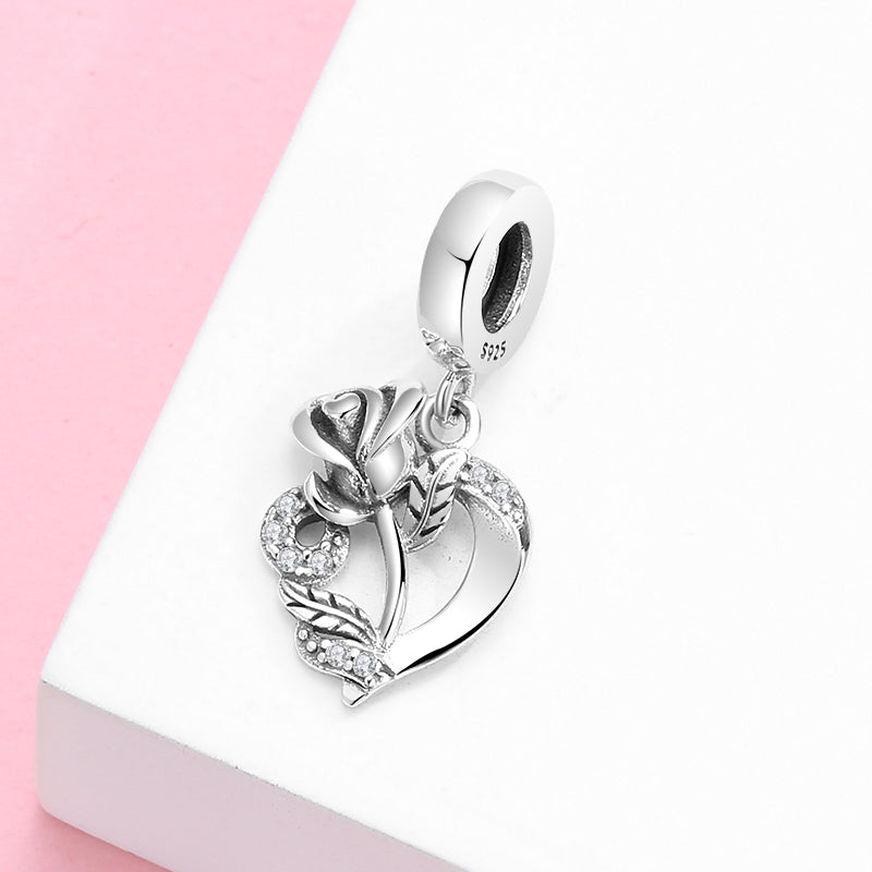 Rose Heart Sparkling Dangle Charm – 925 Sterling Silver – view 2