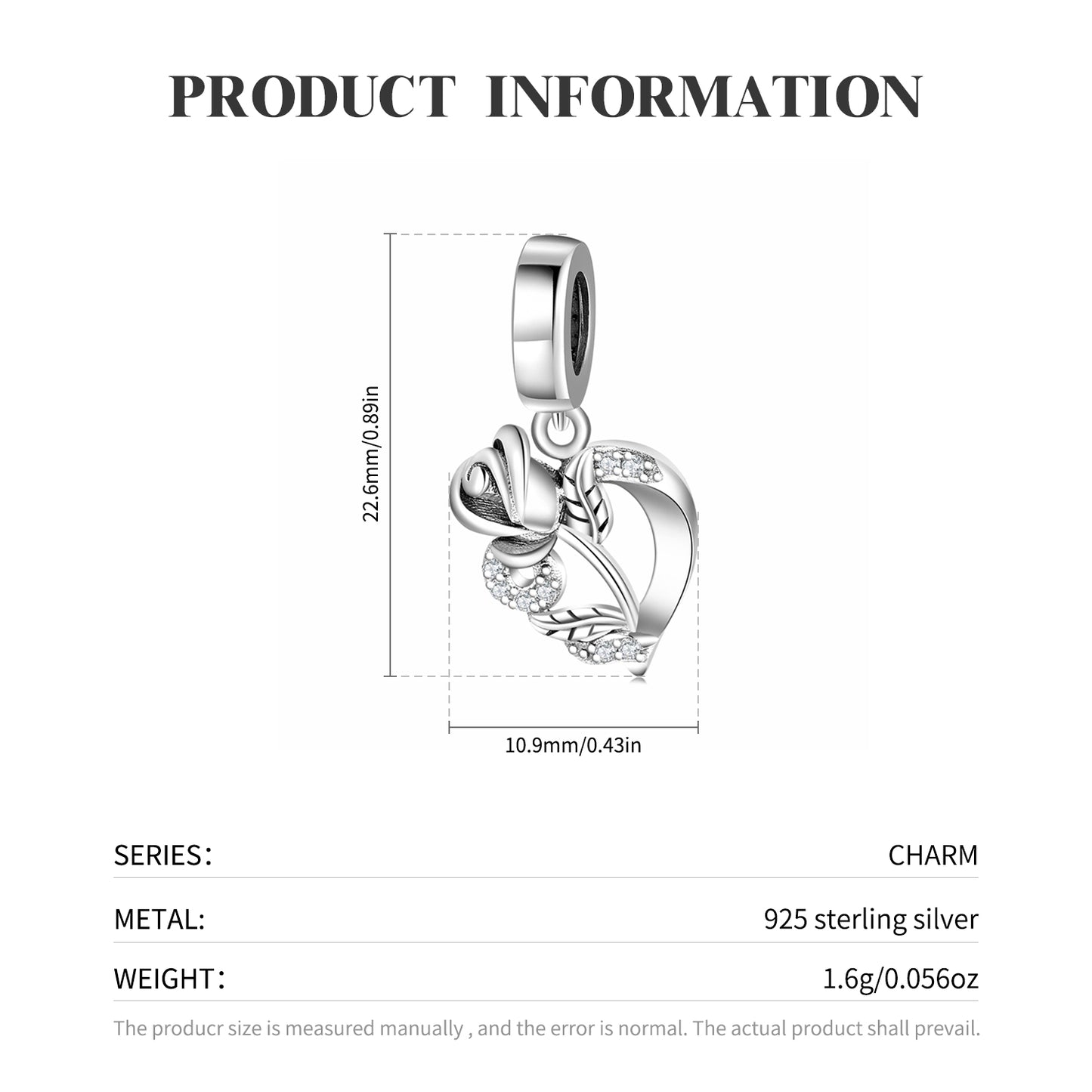 Rose Heart Sparkling Dangle Charm – 925 Sterling Silver – view 3