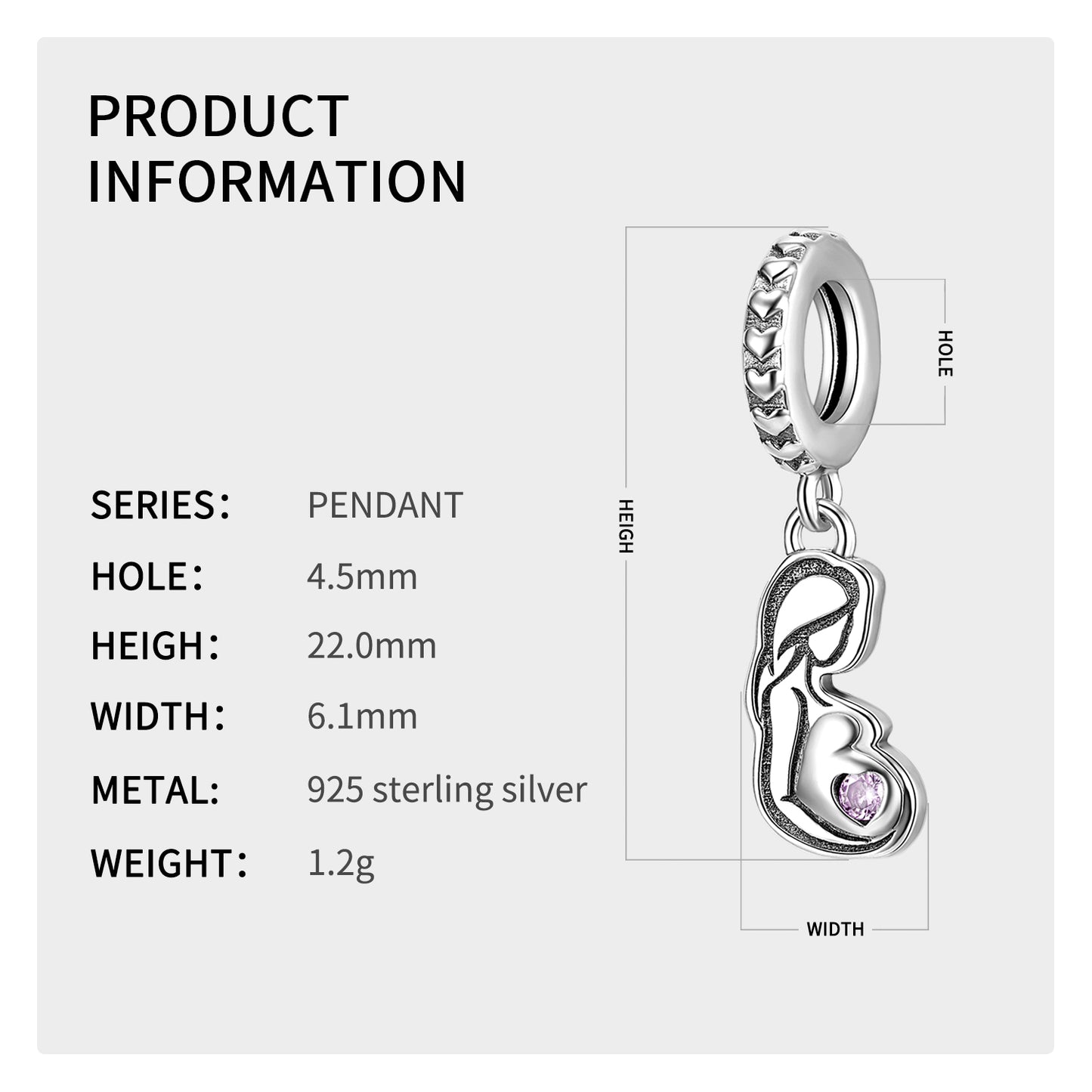 Mother's Day Heart Zircon Charm – S925 Sterling Silver – view 3