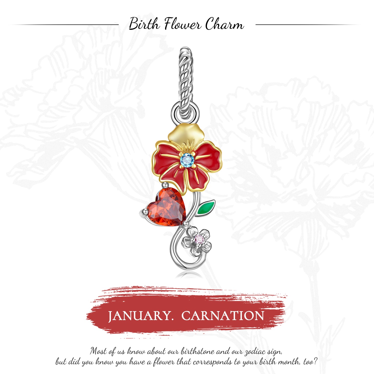 January Carnation Dangle Charm – S925 Sterling Silver – view 2