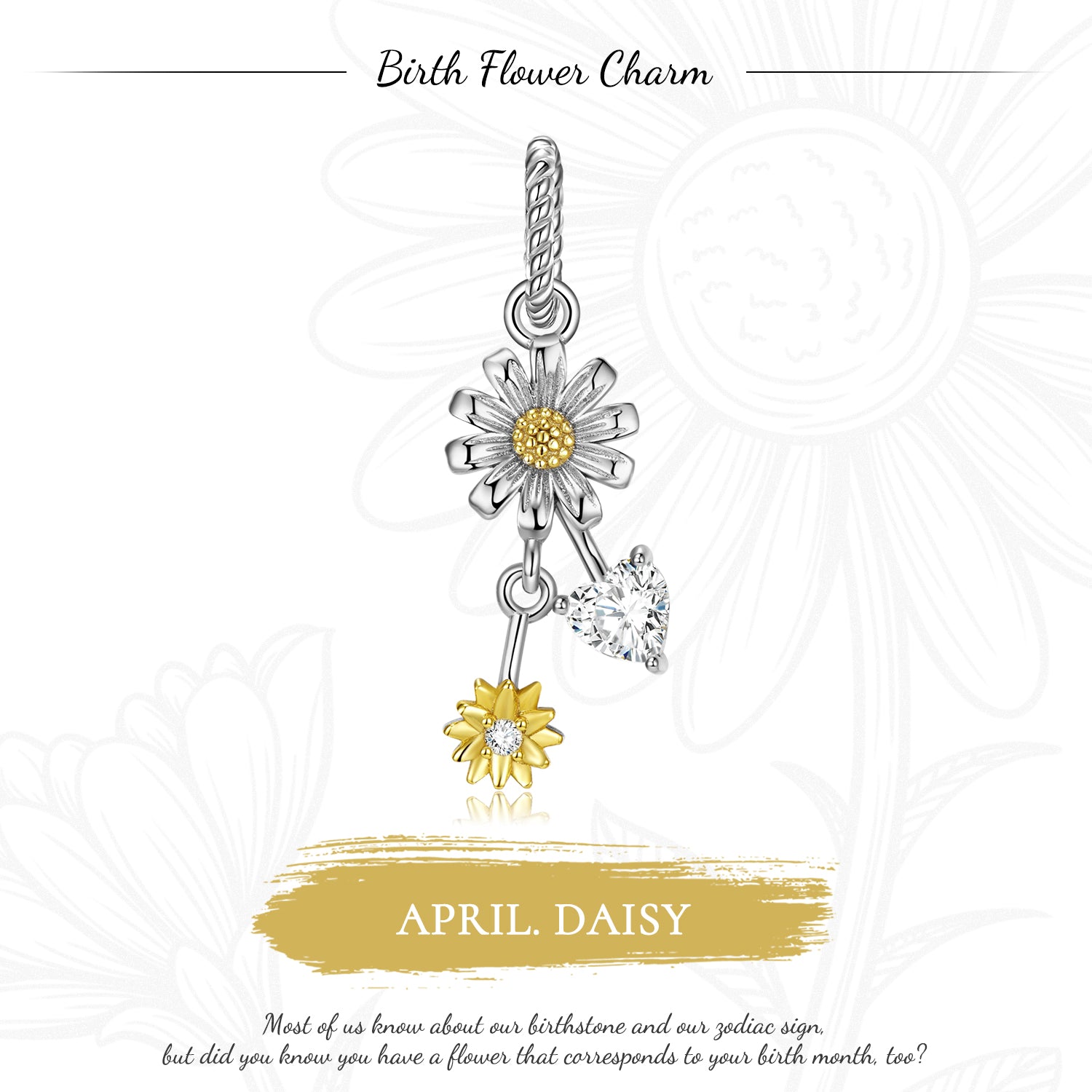 April Daisy Dangle Charm – S925 Sterling Silver – view 2