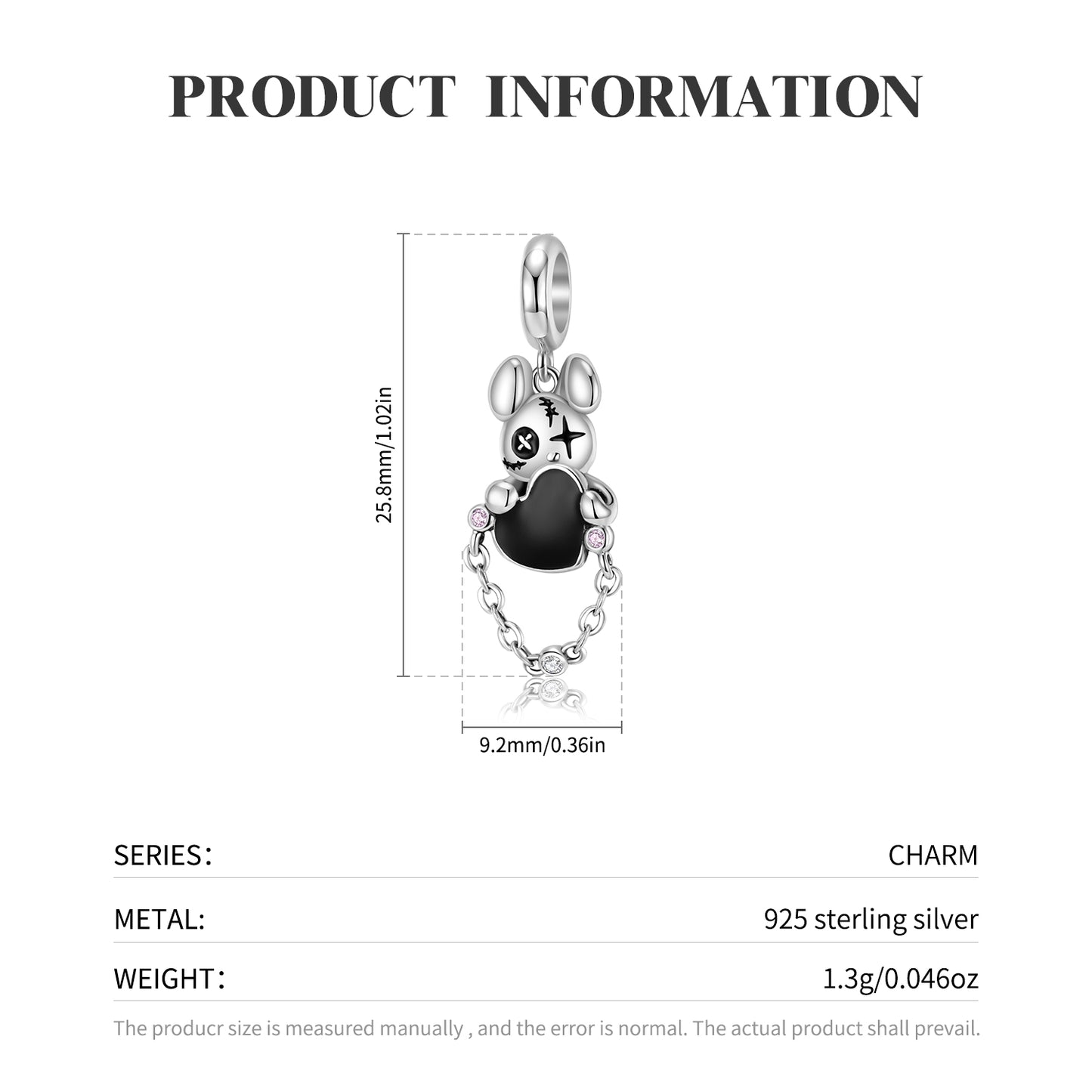 Violent Teddy Bear Punk Dangle Charm – 925 Sterling Silver – view 2