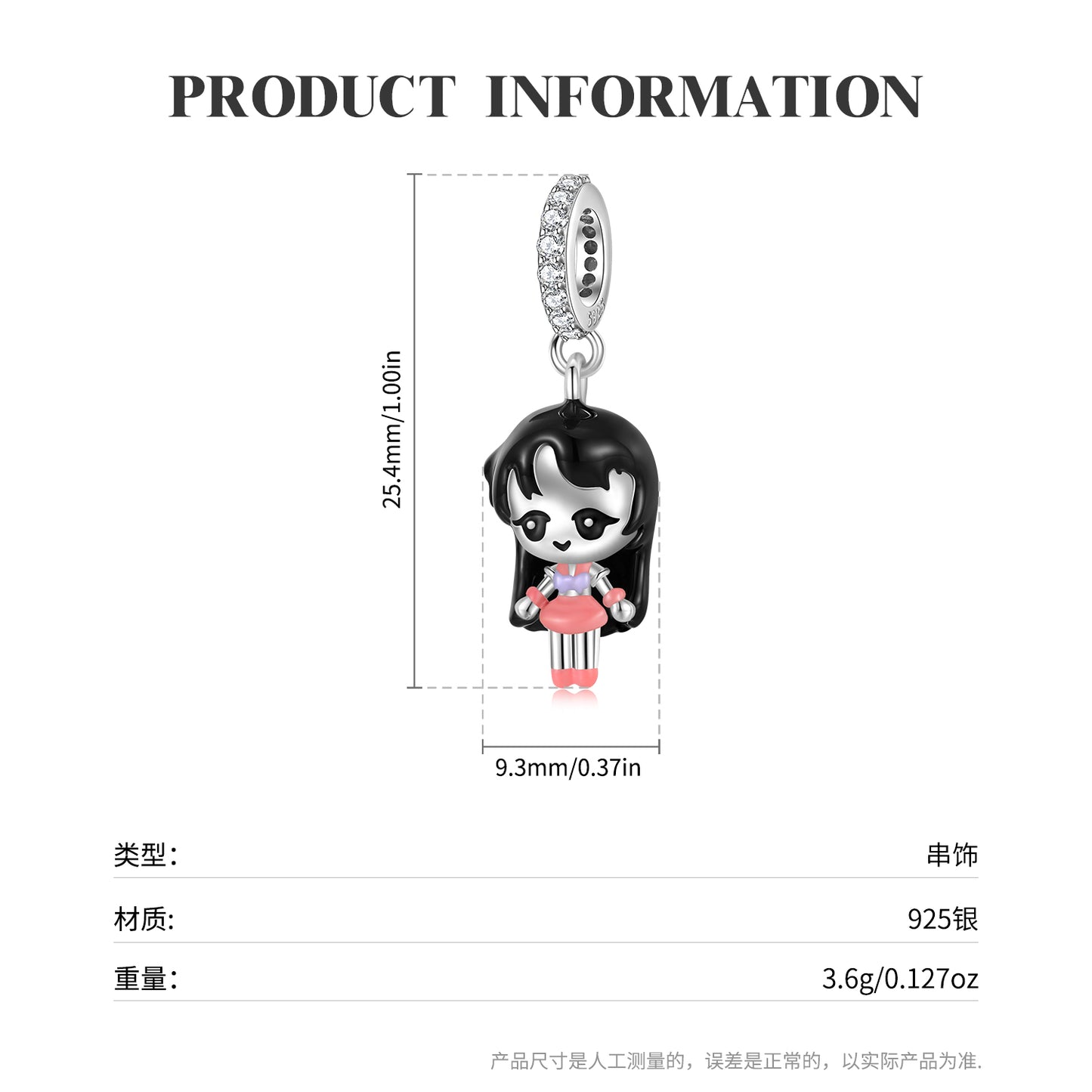 Cartoon Girl Resin Dangle Charm – 925 Sterling Silver – view 3