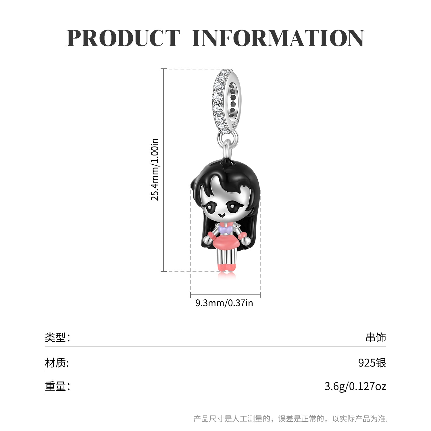 Cartoon Girl Resin Dangle Charm – 925 Sterling Silver – view 3