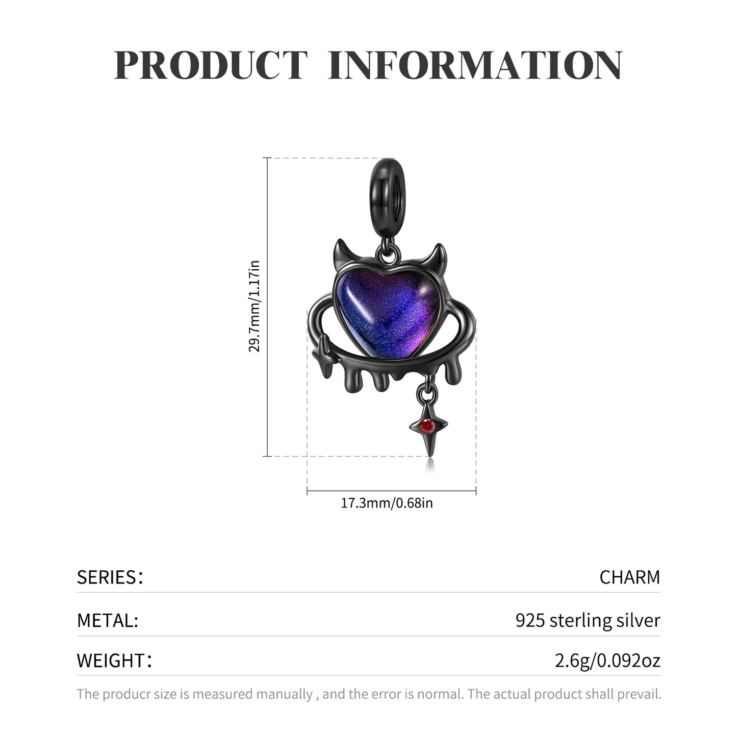 Cute Devil Heart Dangle Charm – S925 Sterling Silver – view 3