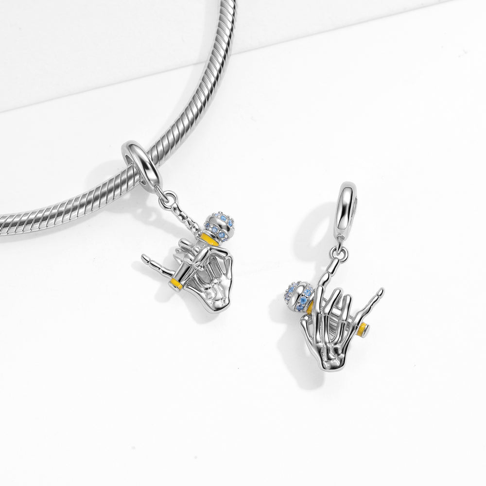 Rock Skull Microphone Dangle Charm – 925 Sterling Silver – view 2