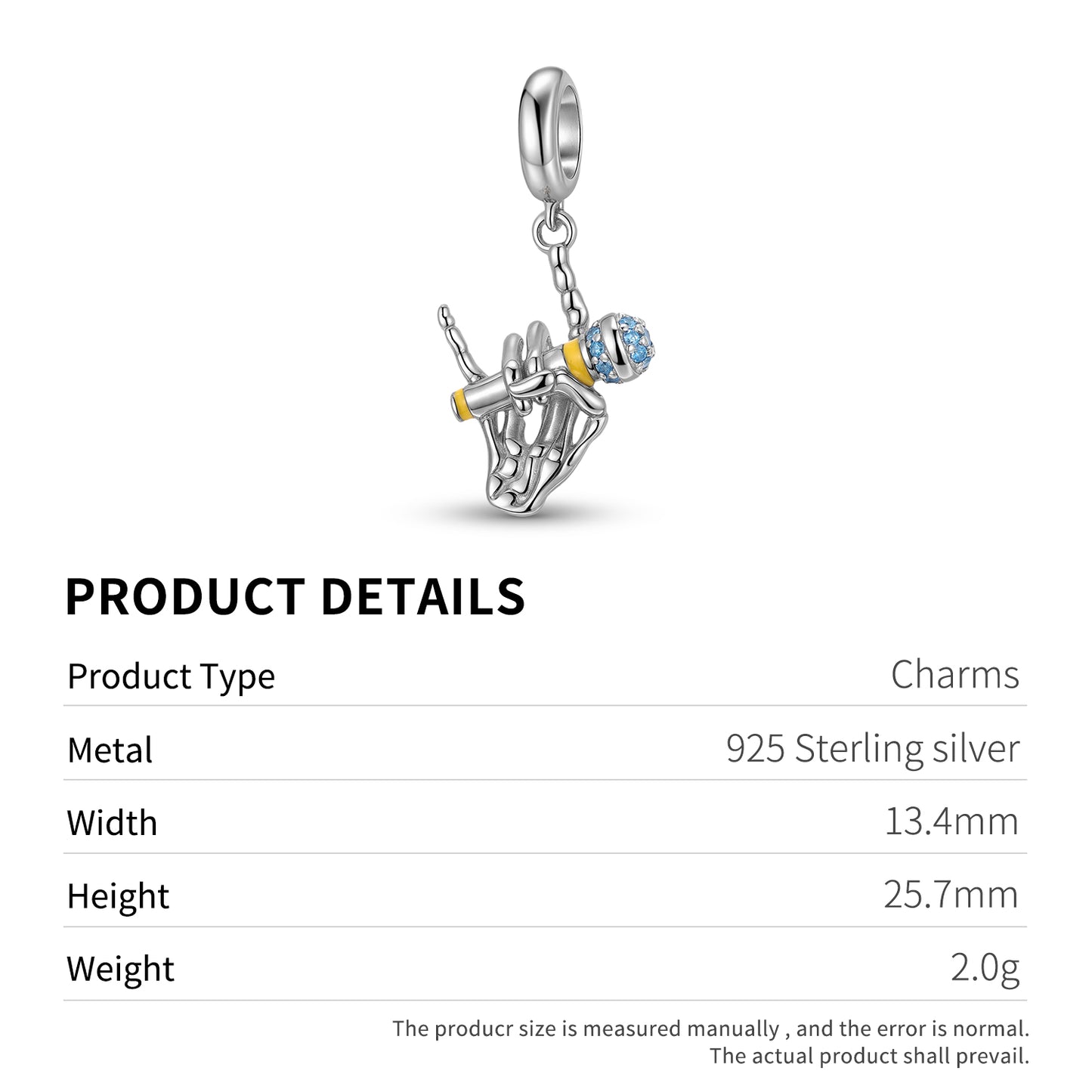 Rock Skull Microphone Dangle Charm – 925 Sterling Silver – view 3