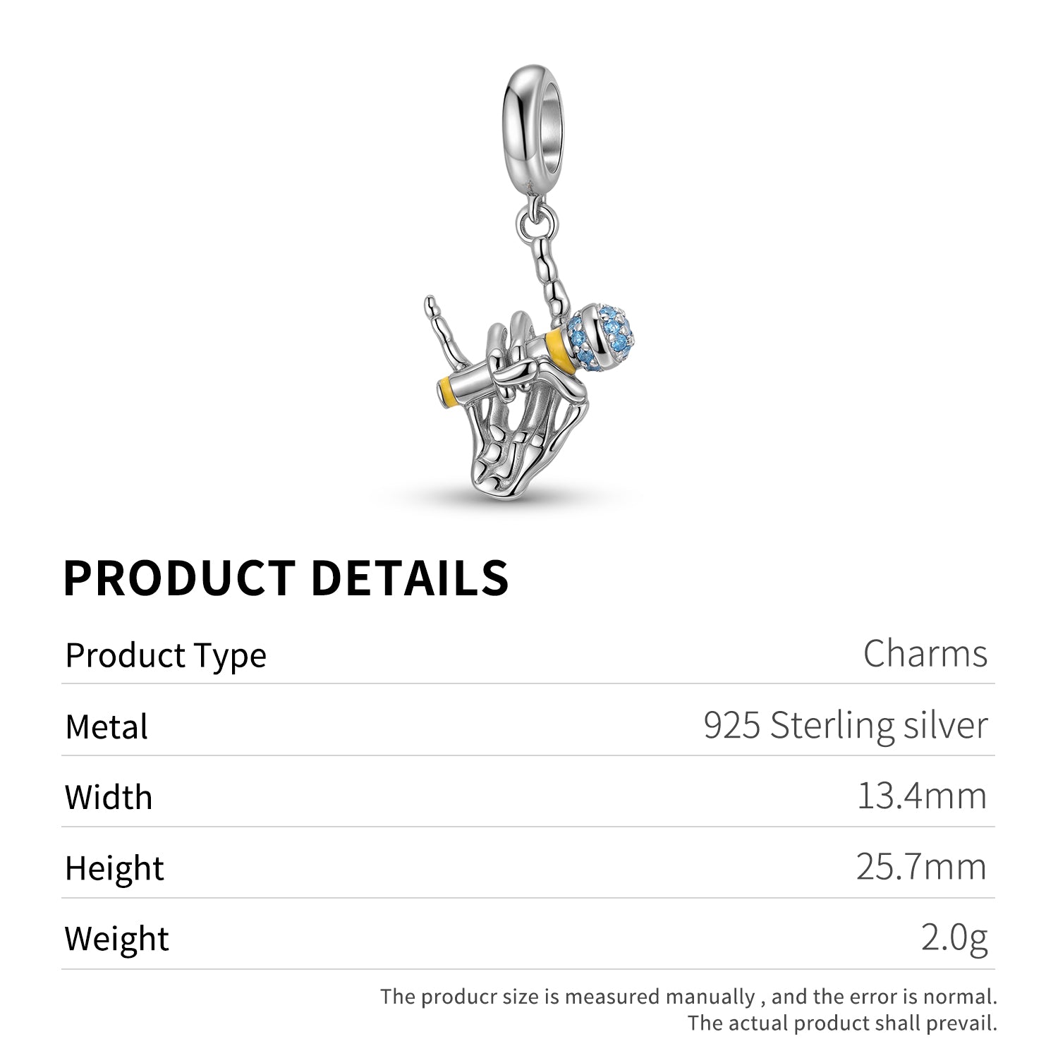 Rock Skull Microphone Dangle Charm – 925 Sterling Silver – view 3