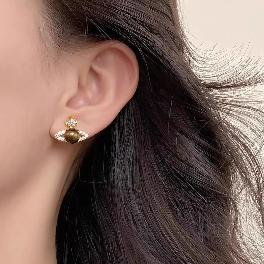 Saturn Stud Earrings – Tiger Eye Stone – view 5