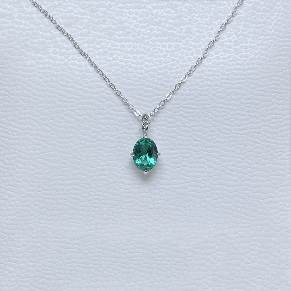 Silver Mint Green Egg Shaped Colored Diamond Clavicle Necklace For Women