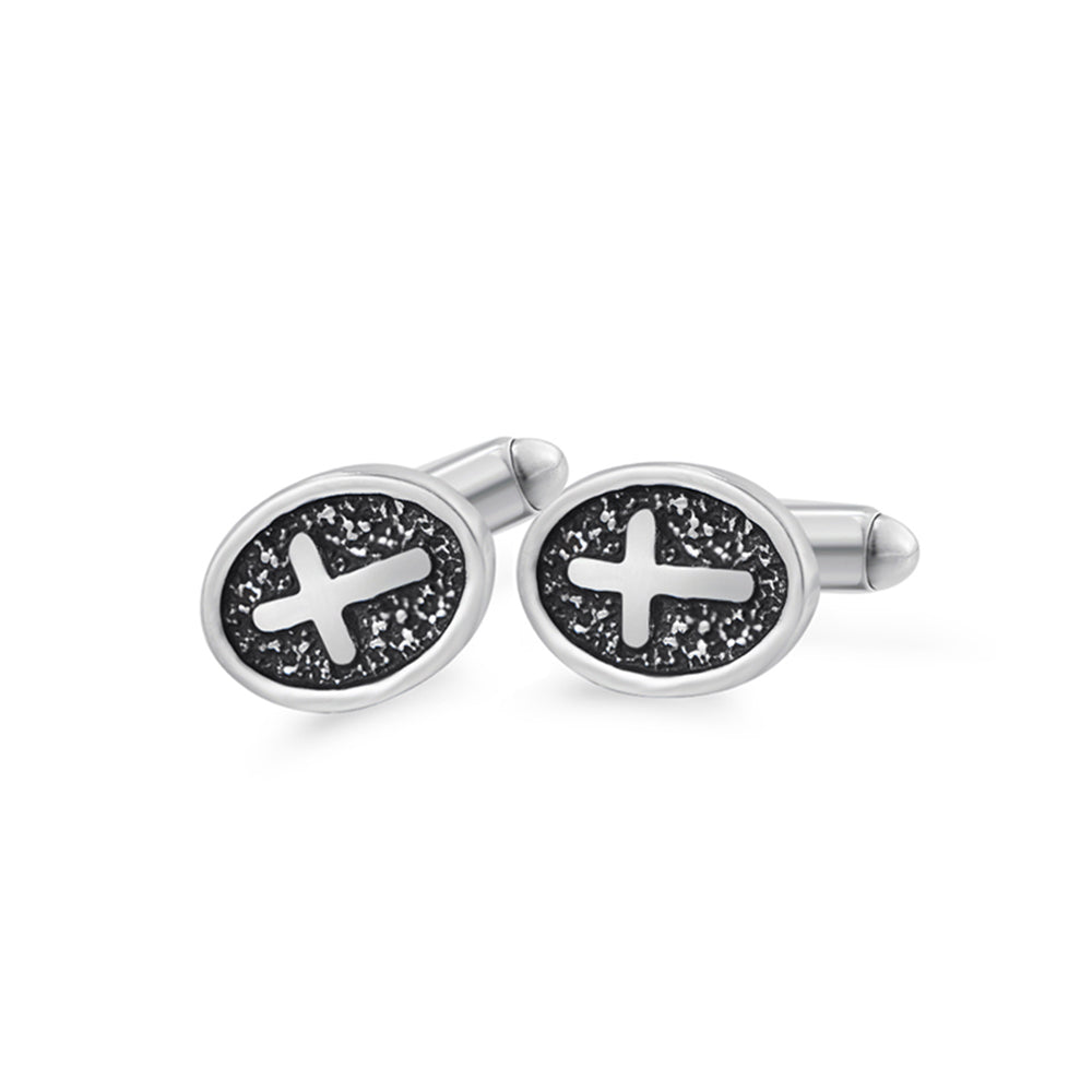 Oval Cross Cufflinks – Silver Stainless Steel – view 2