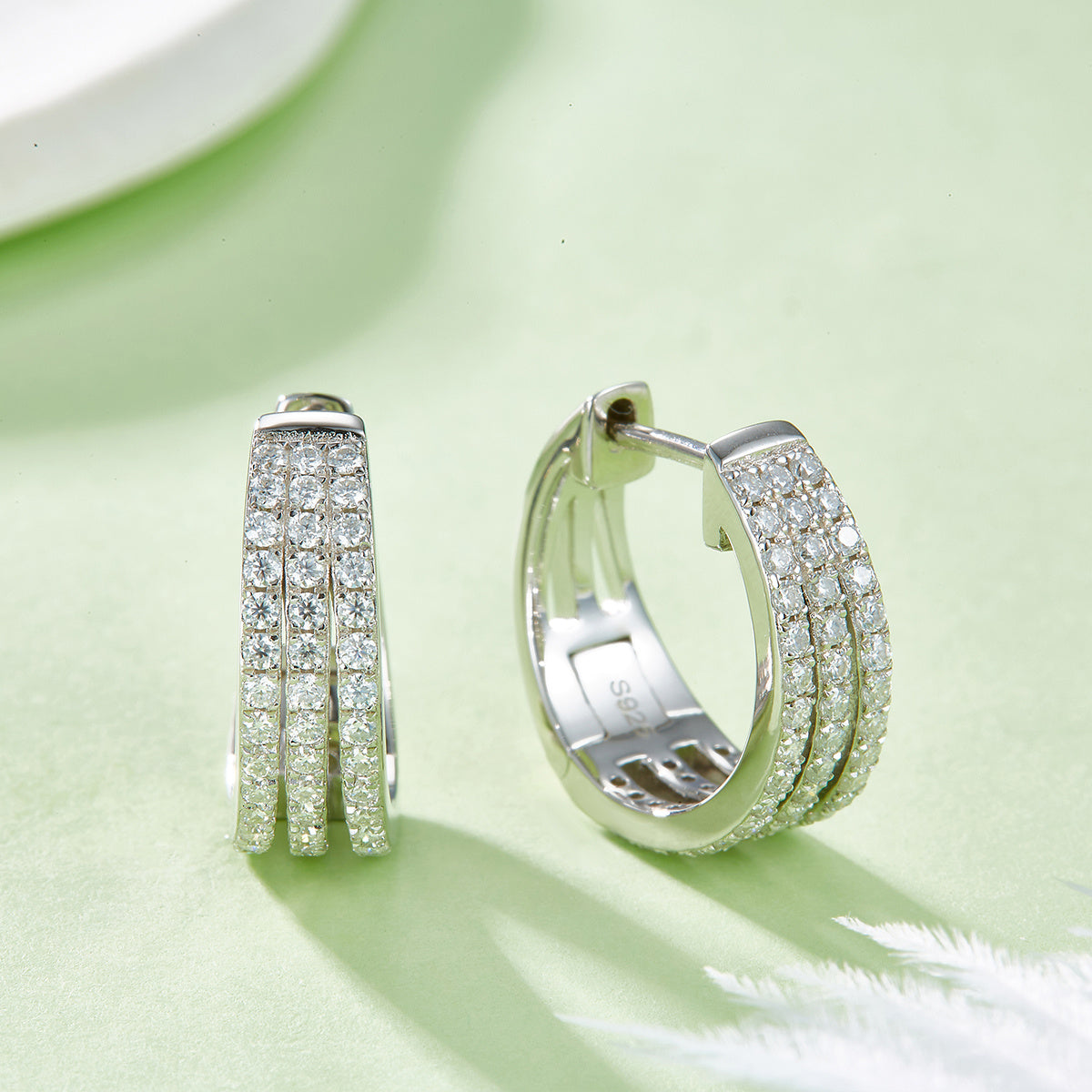 Triple Row Moissanite Huggie Hoops 17mm – S925 Platinum – view 4
