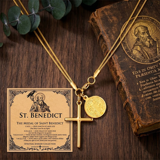 St Benedict Medal Cross Necklace – 18K Gold Plated Steel
