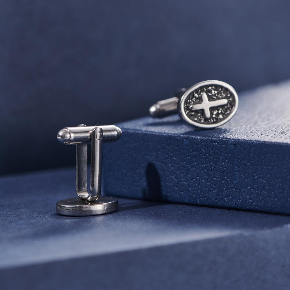 Oval Cross Cufflinks – Silver Stainless Steel – view 6