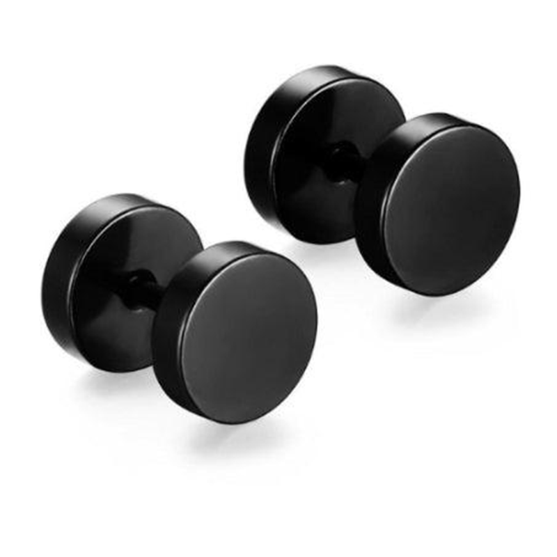 Black 14 mm barbell stud earrings on white background