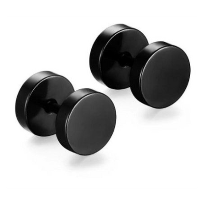 Black 14 mm barbell stud earrings on white background