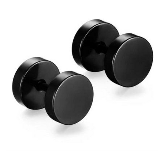 Black 14 mm barbell stud earrings on white background