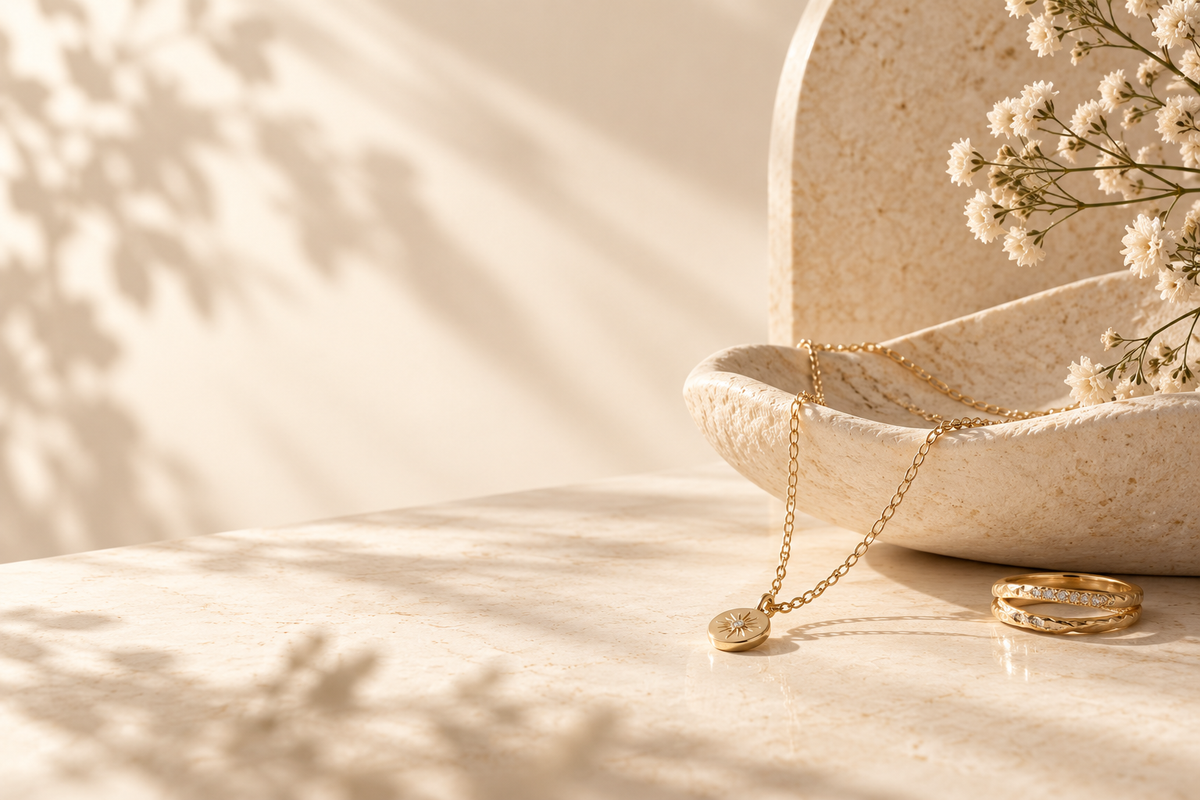 AURYN jewellery still life in soft warm sunlight