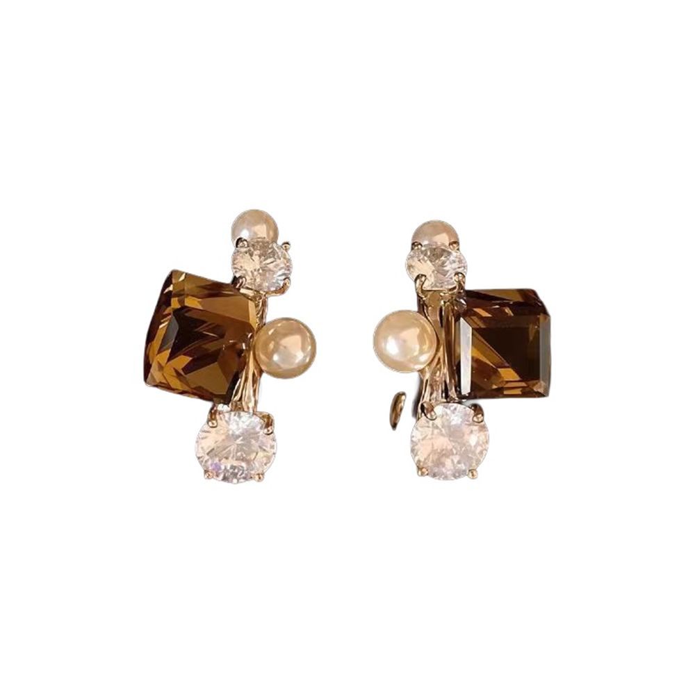 Coffee-tone curved stud earrings on white background