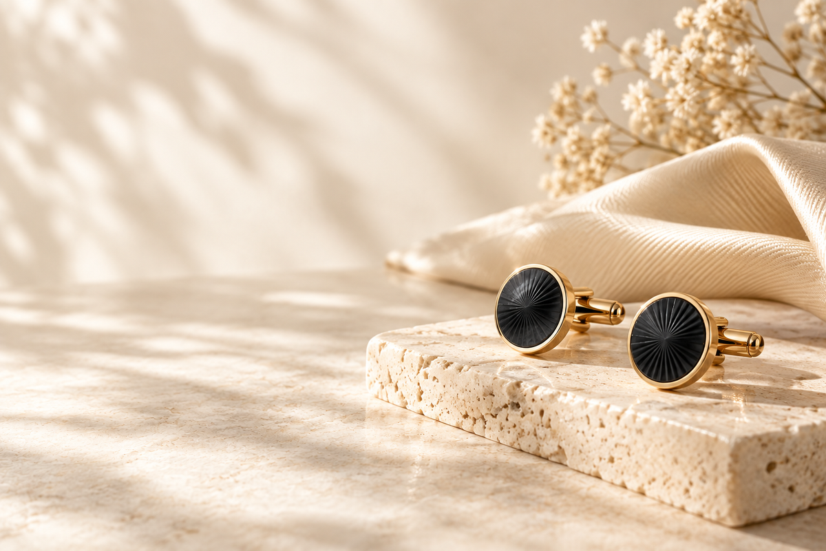 AURYN cufflinks still life on warm neutral background