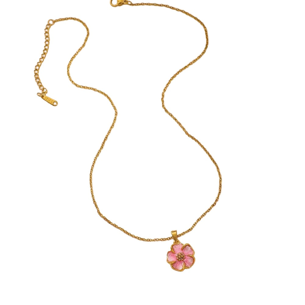 Pink dripping-oil flower pendant necklace on white background