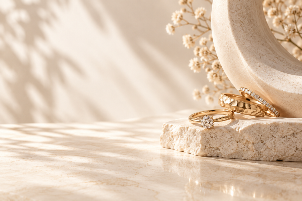 Soft warm AURYN still life with refined gold rings on stone
