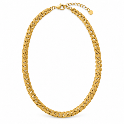 Gold-tone 6 mm flat curb chain necklace with extender on a white background