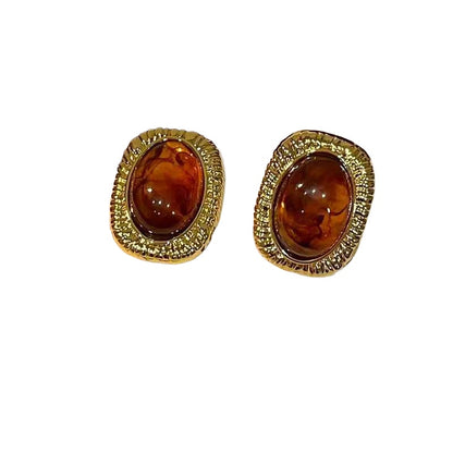 French retro square amber earrings on white background