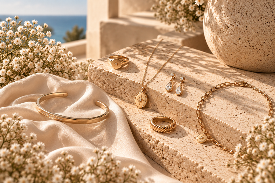 AURYN jewellery still life with gold necklace, earrings, rings and bracelet