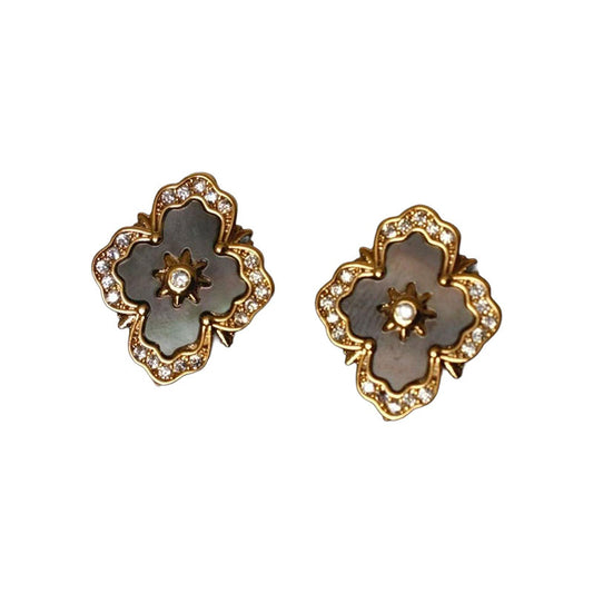 Dark mother-of-pearl flower stud earrings on white background