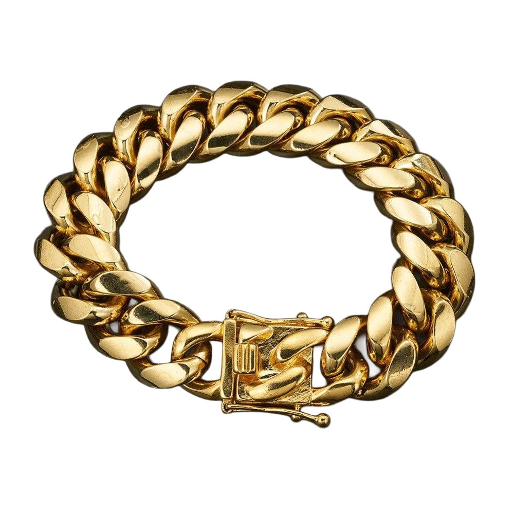 Gold-tone Miami Cuban link bracelet on white background