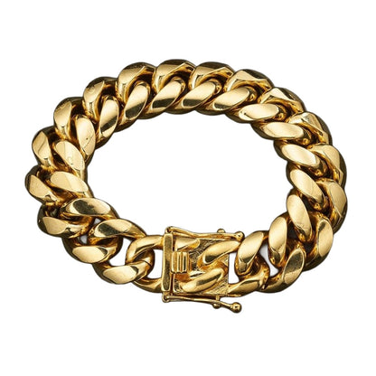 Gold-tone Miami Cuban link bracelet on white background